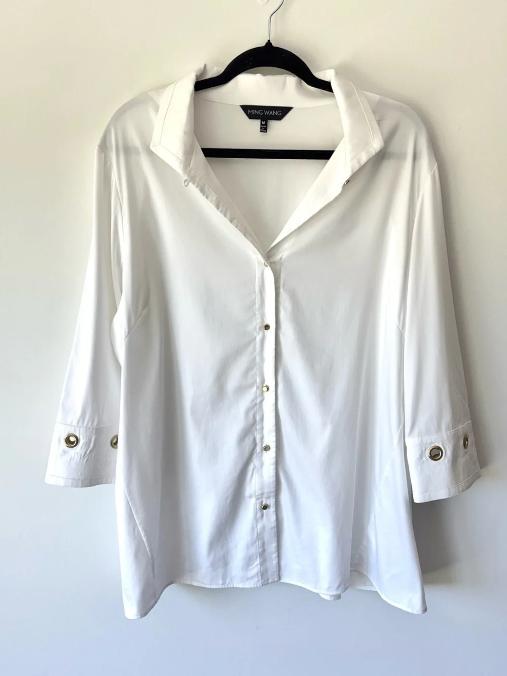 Ming Wang White Sheer Button Down Blouse Gold Grommet Eyelet Quiet Luxury